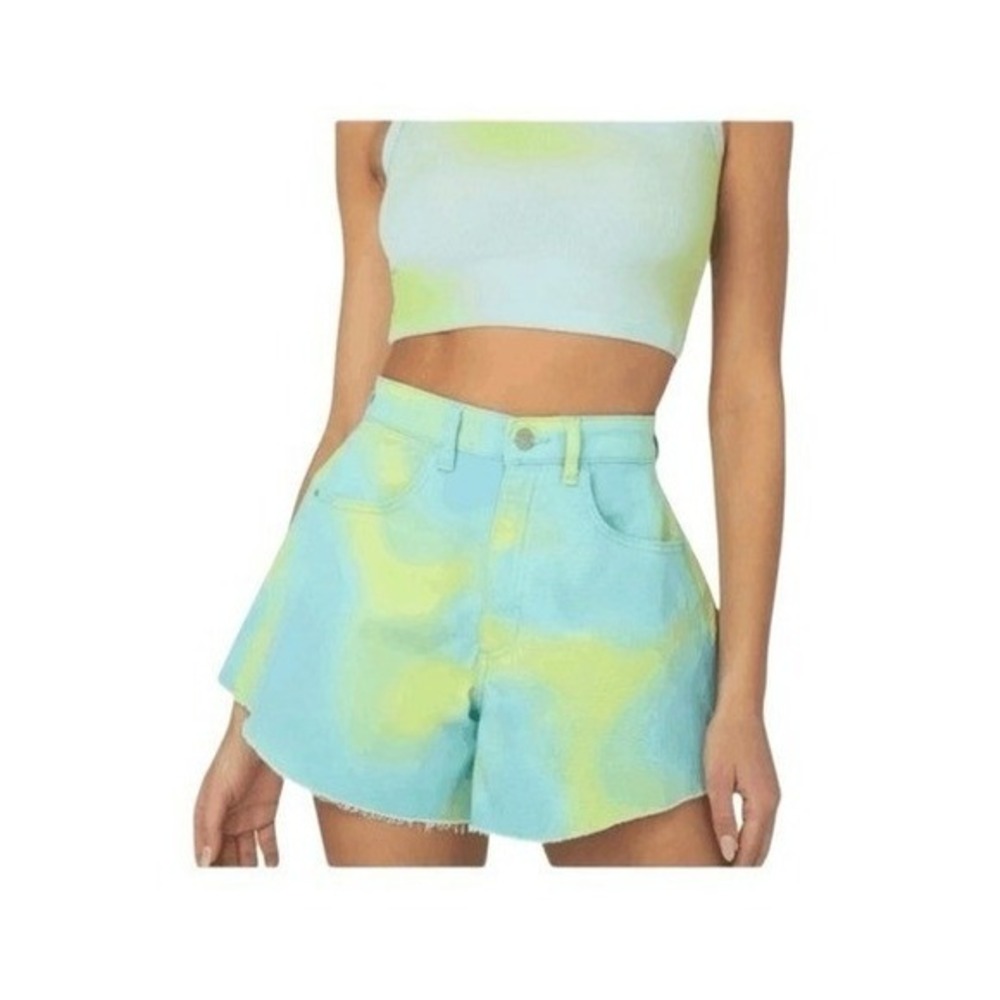WeWoreWhat Jean Shorts Blue Green Tie Dye Wide Leg Flare Bell Denim 26‎